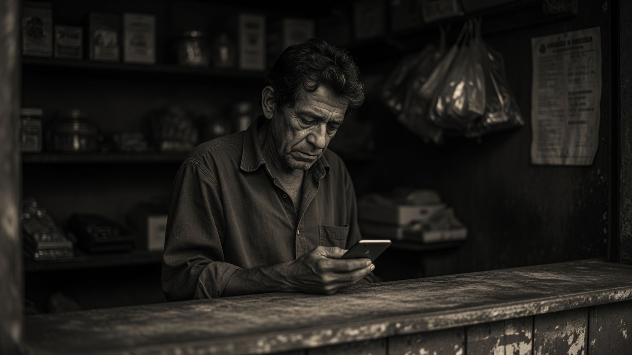 Dono de comércio olhando o celular atrás do balcão